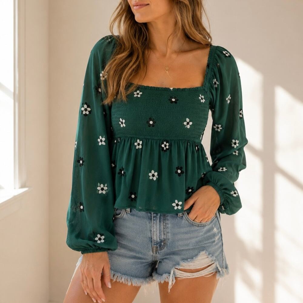 Altar'd State Green Peplum Top Embroidered Blue Flowers XS Off Shoulder Boho
